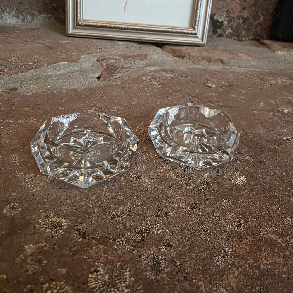 Vintage Cut Glass Salt Cellars Set of 2 Hexagon Starburst Clear Open Salts